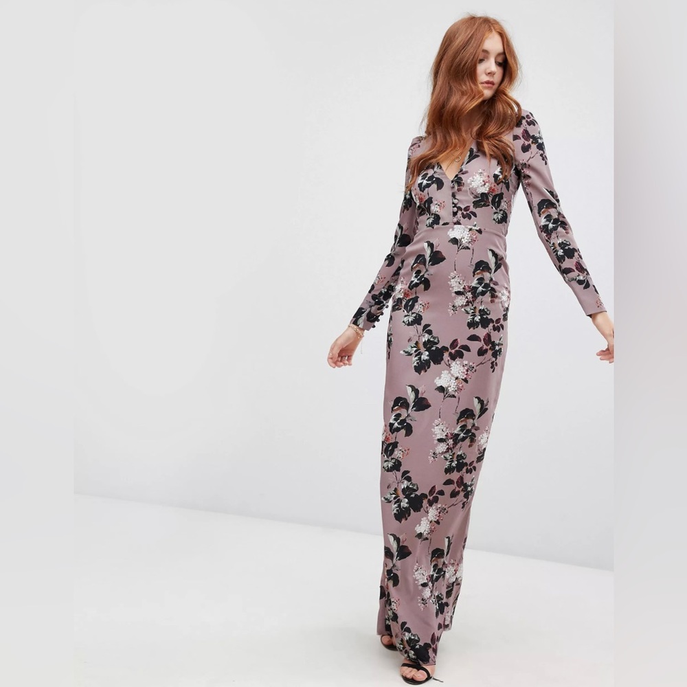 ASOS Hope & Ivy Long Sleeve Button Front Maxi Dress Mauve Floral Print US 6 NWT